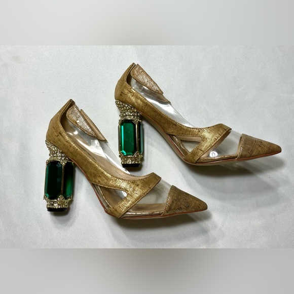 FSJ Nude Transparent Bridal Pointed 
Toe Chunky Block Heel Crystal
Pumps - Picture 6 of 15